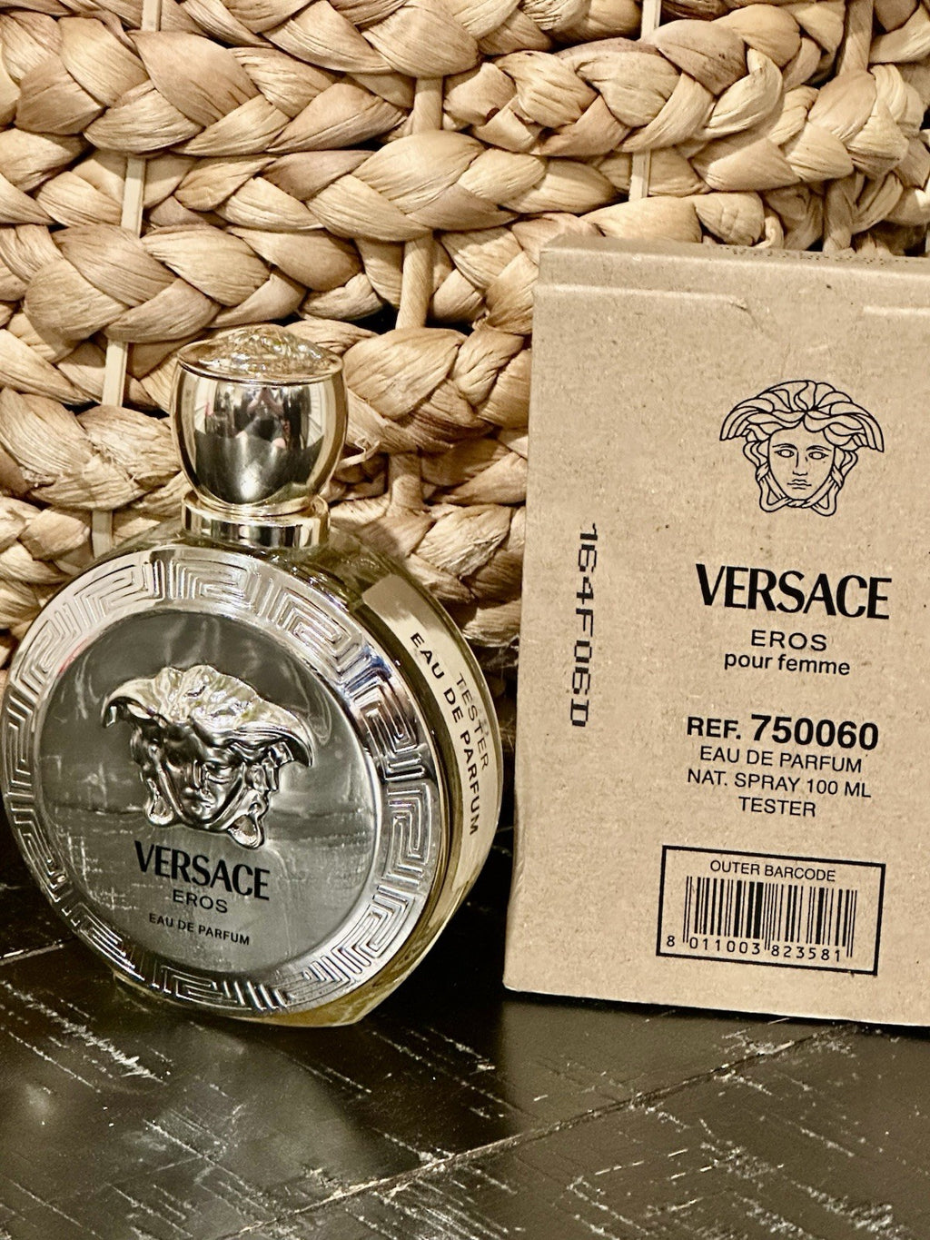 Versace Eros for Women EDP bottle beside Greek key box