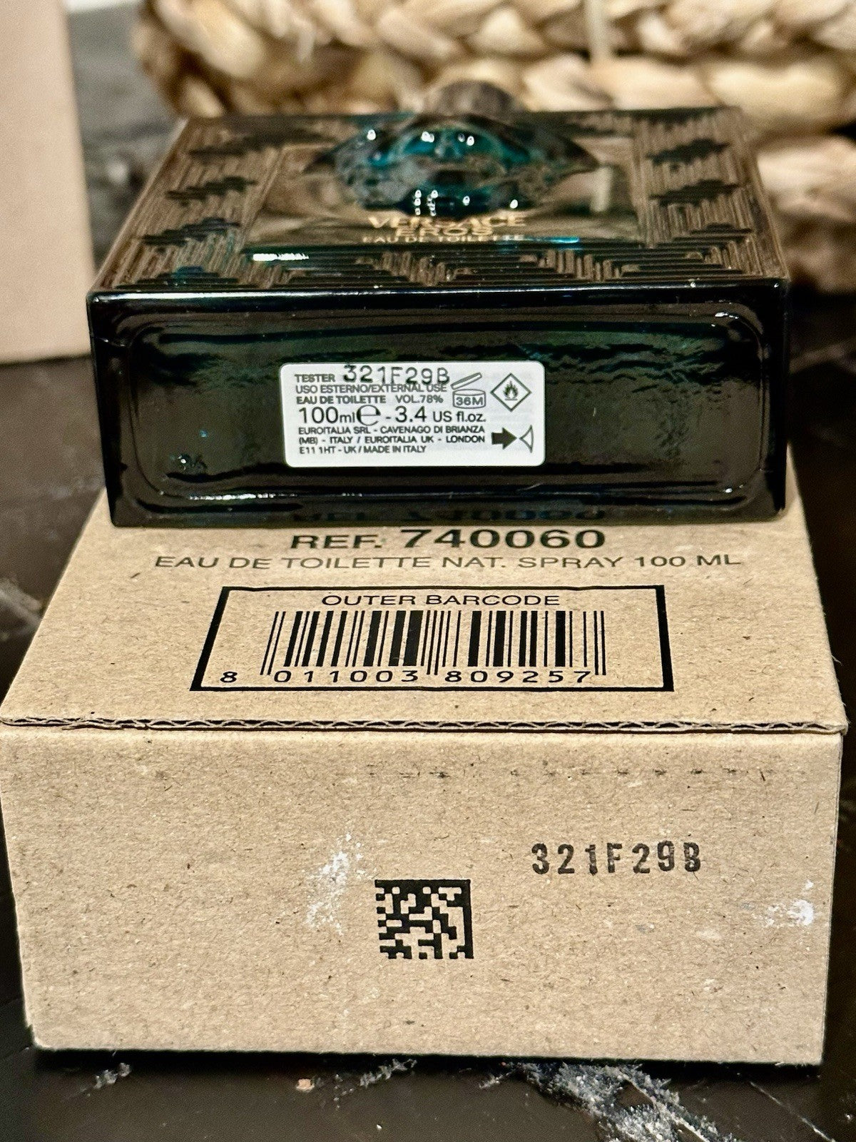 Versace Eros EDT bottle with box label