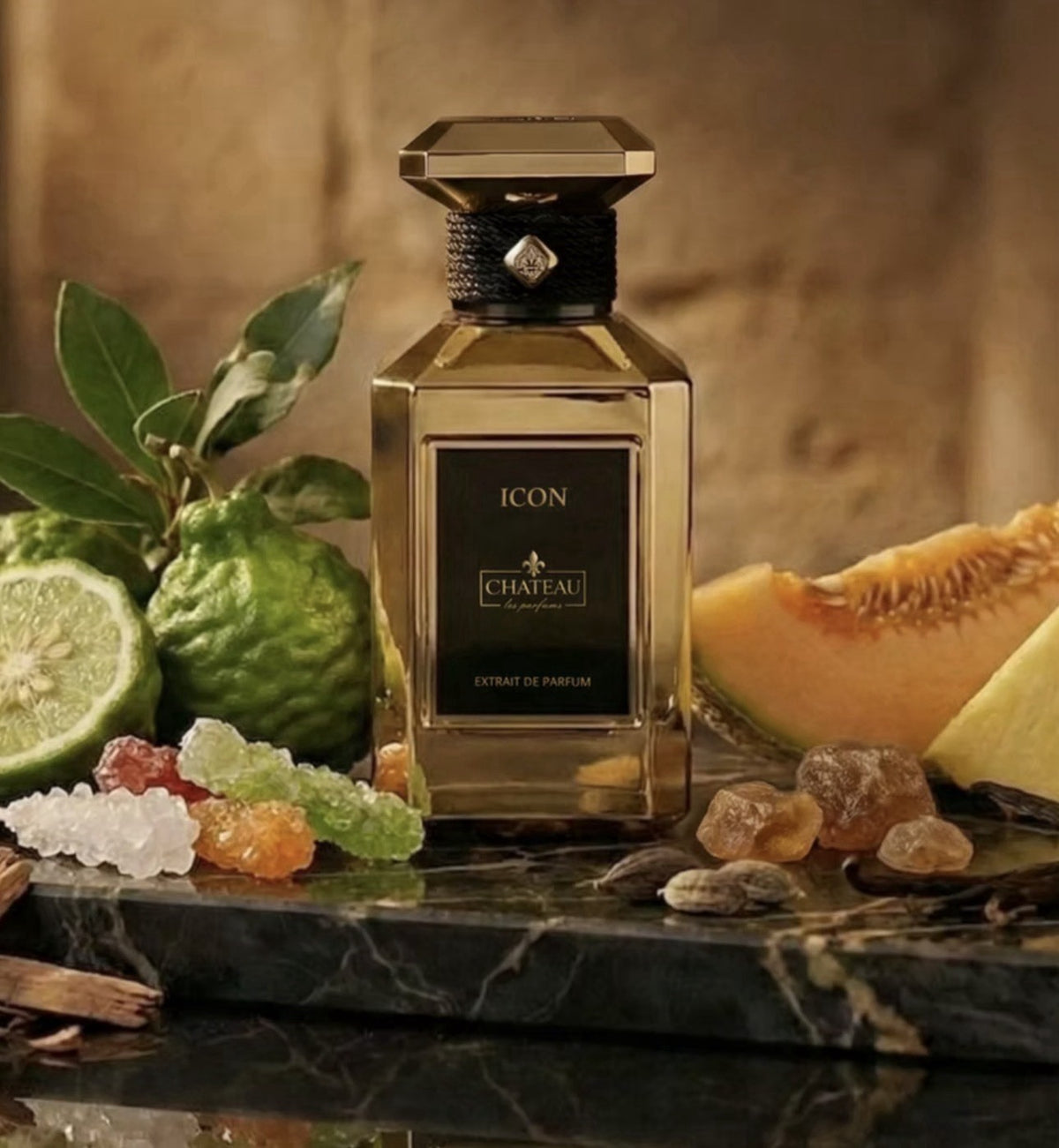 Chateau Les Parfums Icon bottle on stone