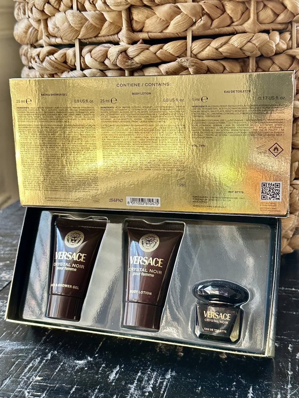 Versace Crystal Noir mini gift set box and bottles